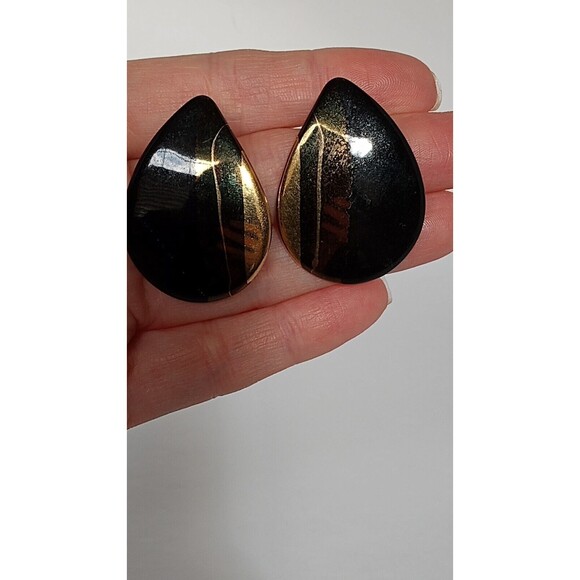 Southwest Bohemian Black & Gold Ceramic Teardrop Earrings Post 2 3/4 inch - Picture 4 of 9